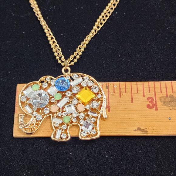 Crystal Embellished Elephant Gold Tone Double Chain 15" Drop Pendant Necklace - Picture 10 of 16